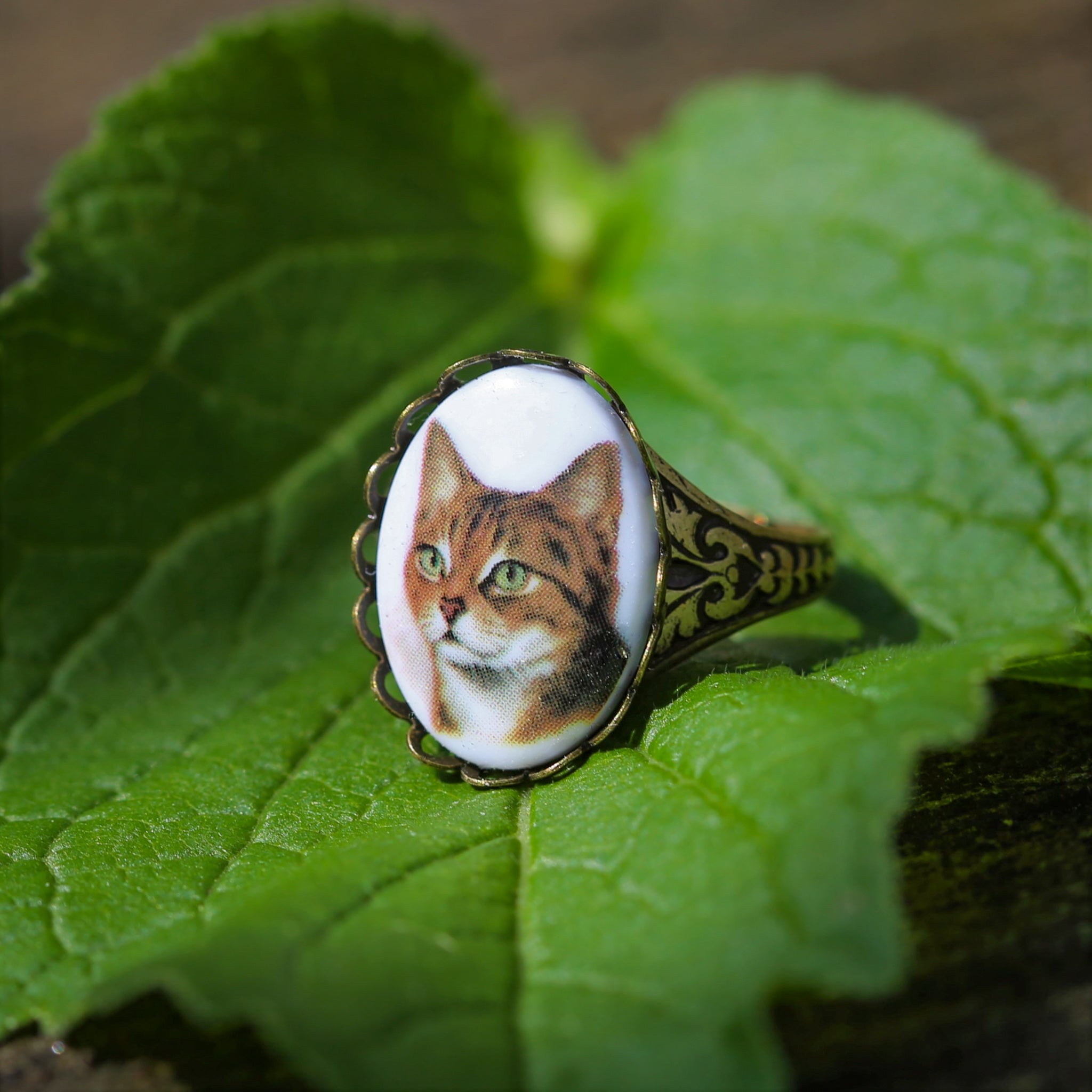 Vintage German Cameo Cat Ring in Antiqued Brass or Silver