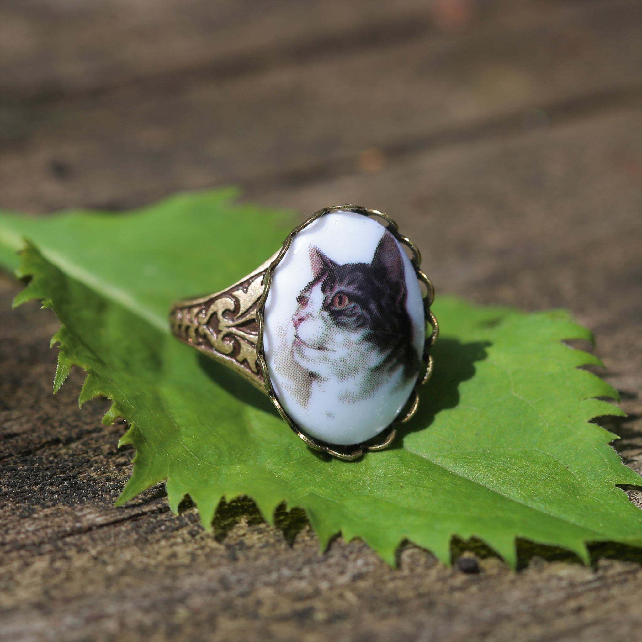 Vintage German Cameo Cat Ring in Antiqued Brass or Silver