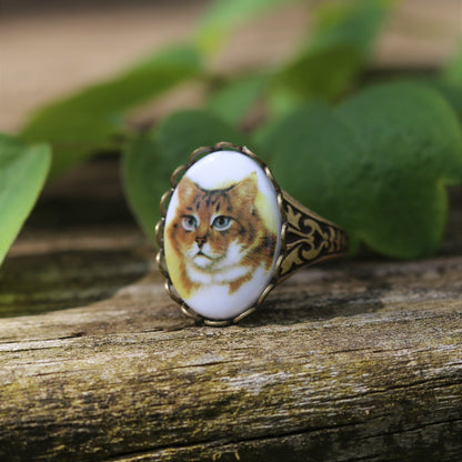 Vintage German Cameo Cat Ring in Antiqued Brass or Silver