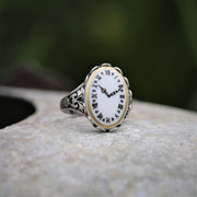 Vintage Style Clock Face Cameo Adjustable Ring on Silver or Brass Setting