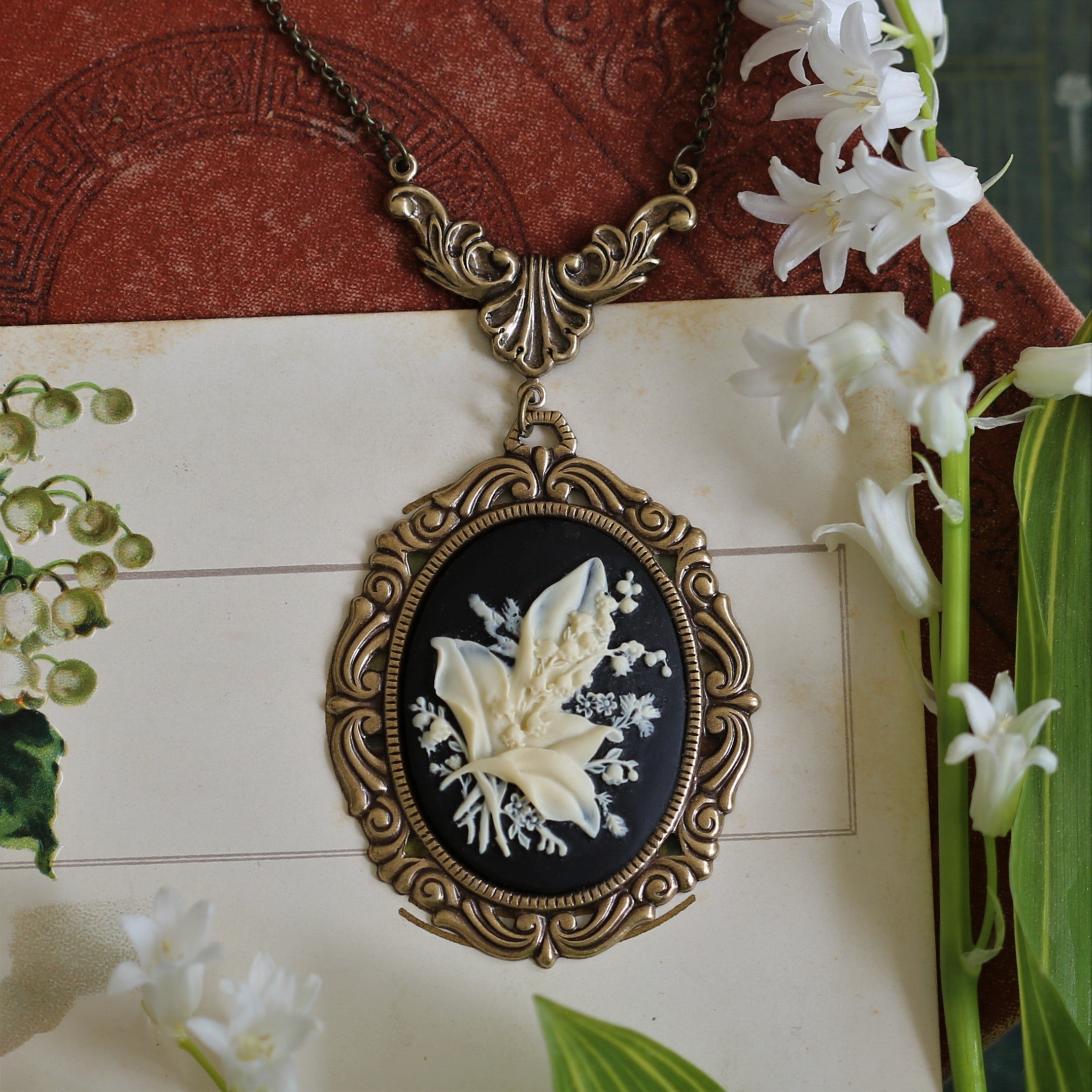 Lily of the Valley Cameo Necklaces in Vintage Style - Choose Antiqued Silver or Brass