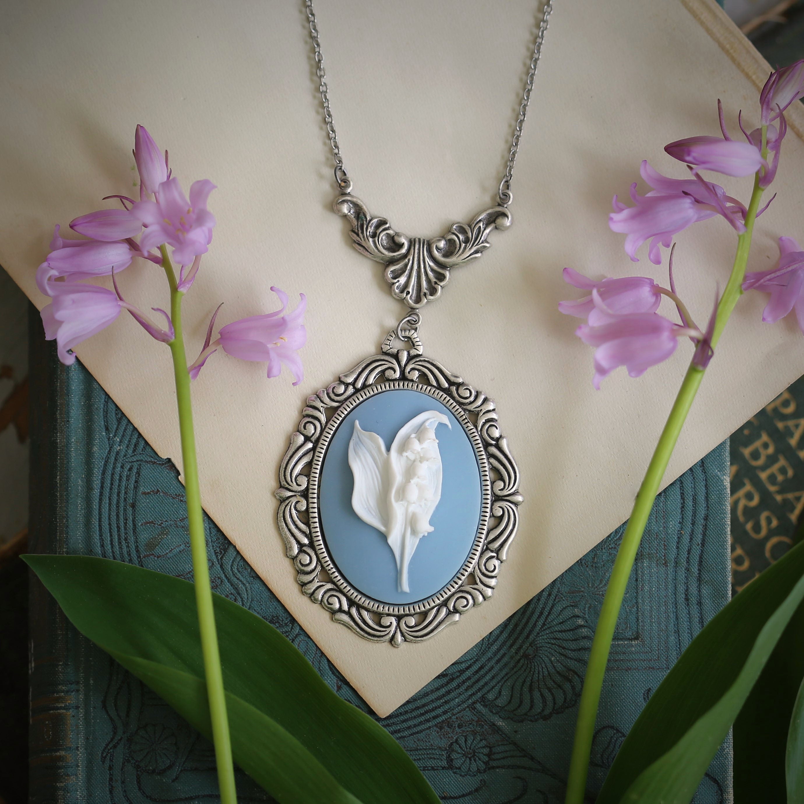 Lily of the Valley Cameo Necklaces in Vintage Style - Choose Antiqued Silver or Brass