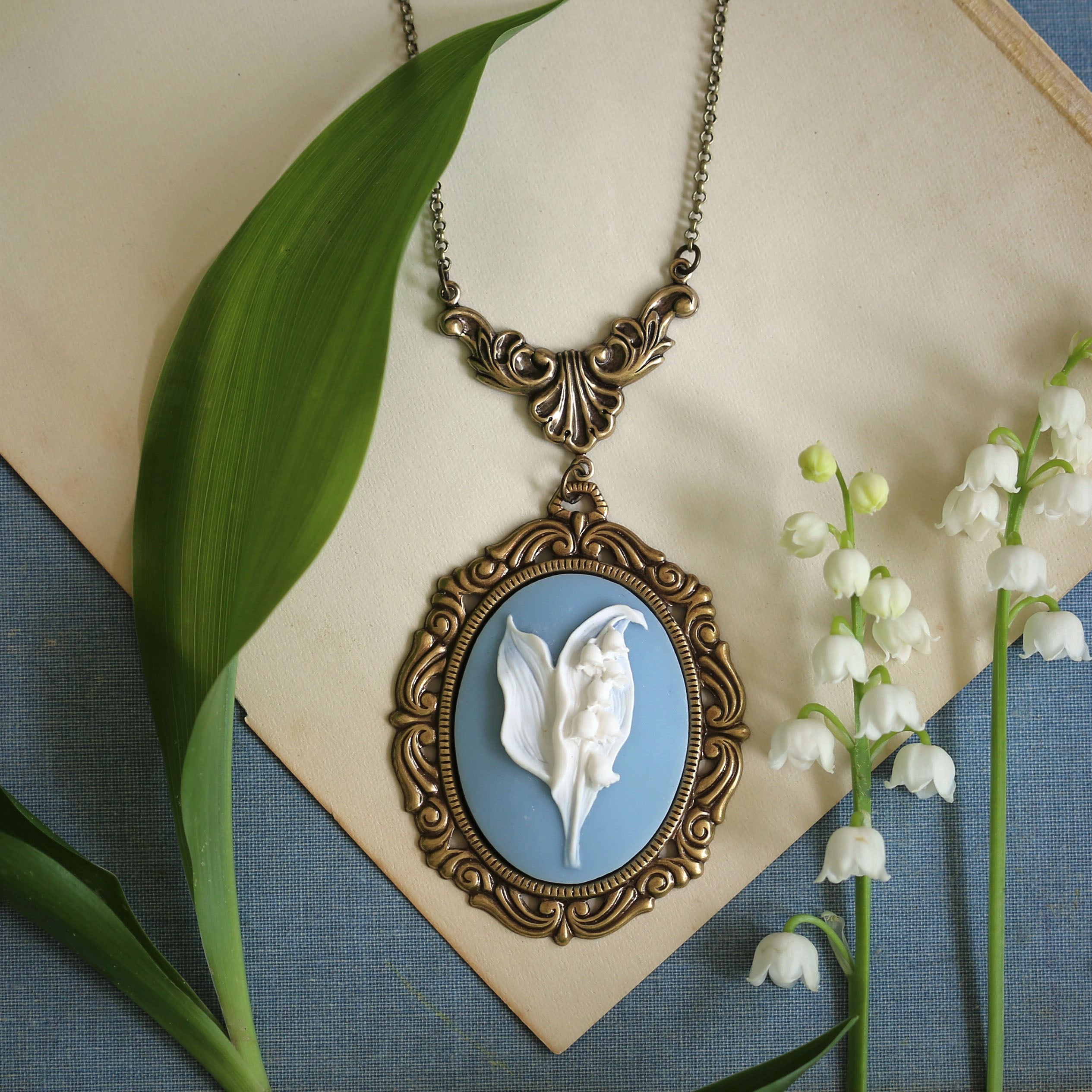 Lily of the Valley Cameo Necklaces in Vintage Style - Choose Antiqued Silver or Brass