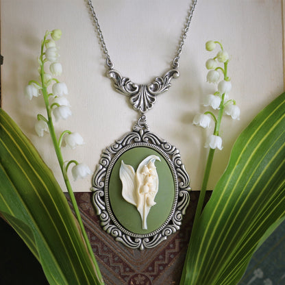 Lily of the Valley Cameo Necklaces in Vintage Style - Choose Antiqued Silver or Brass