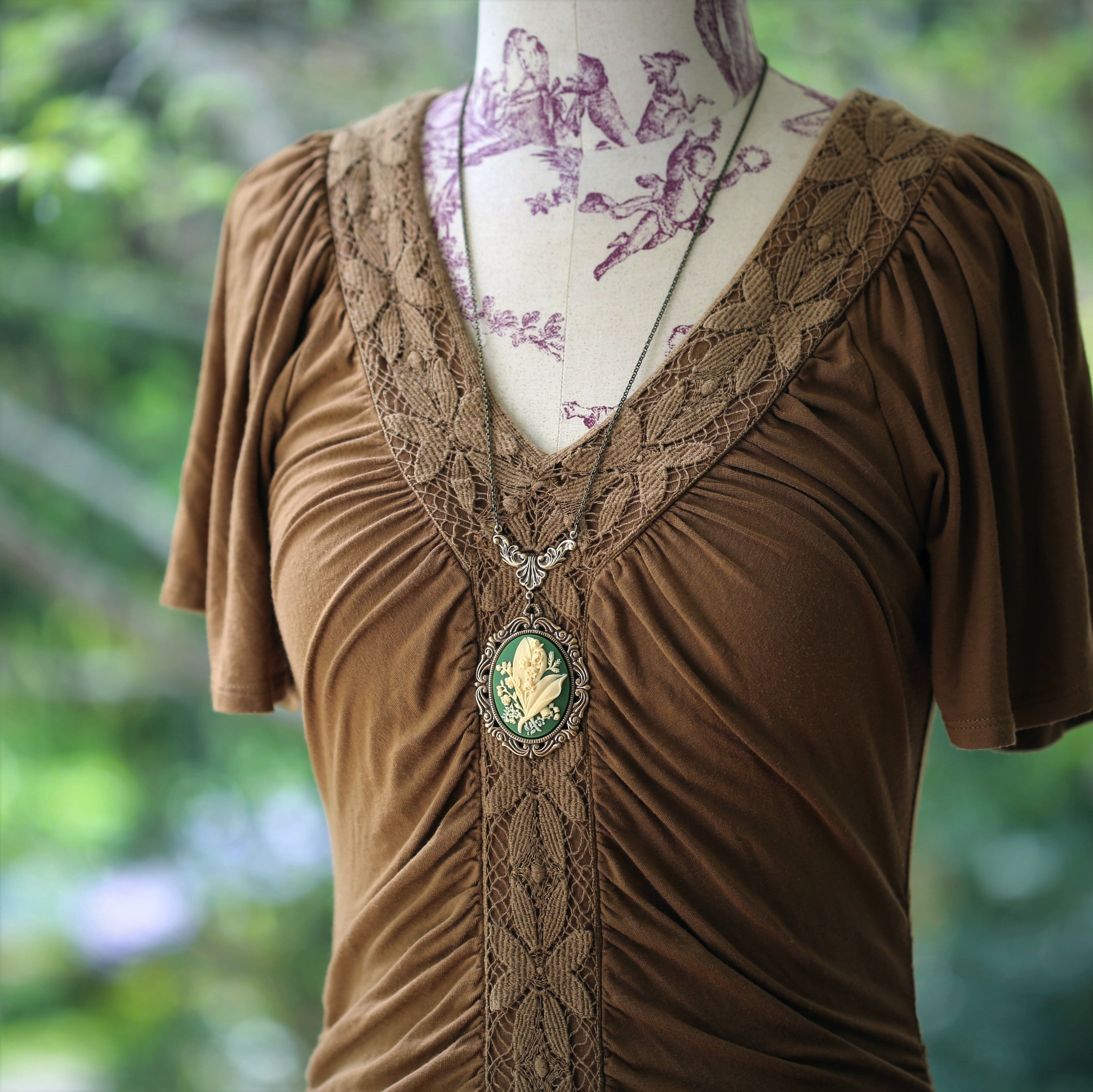 Lily of the Valley Cameo Necklaces in Vintage Style - Choose Antiqued Silver or Brass