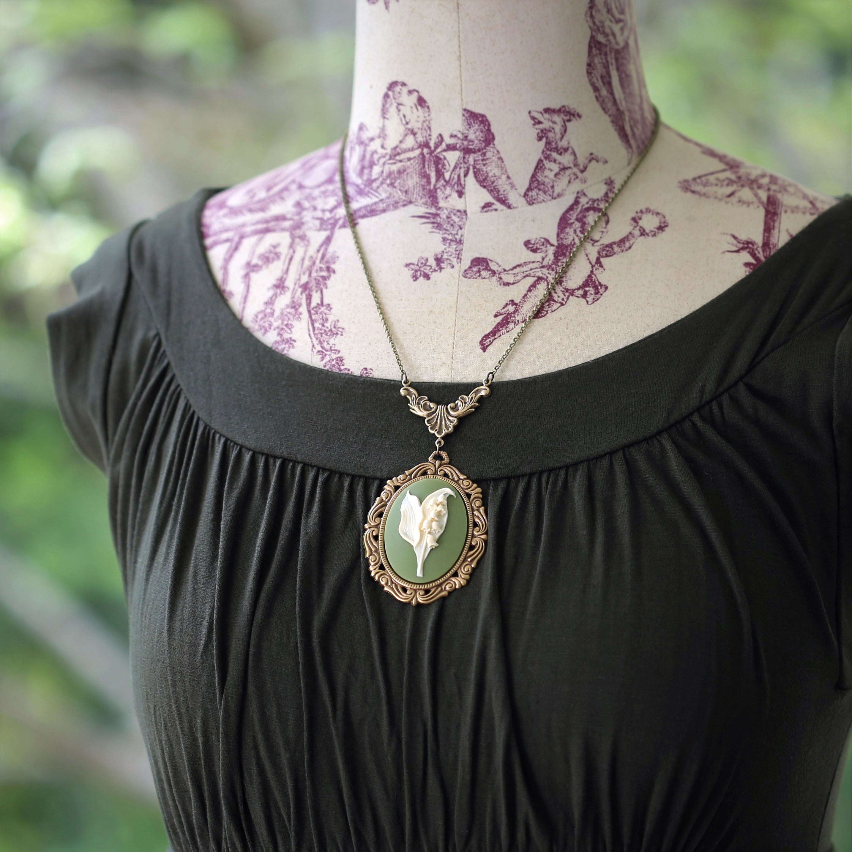 Lily of the Valley Cameo Necklaces in Vintage Style - Choose Antiqued Silver or Brass