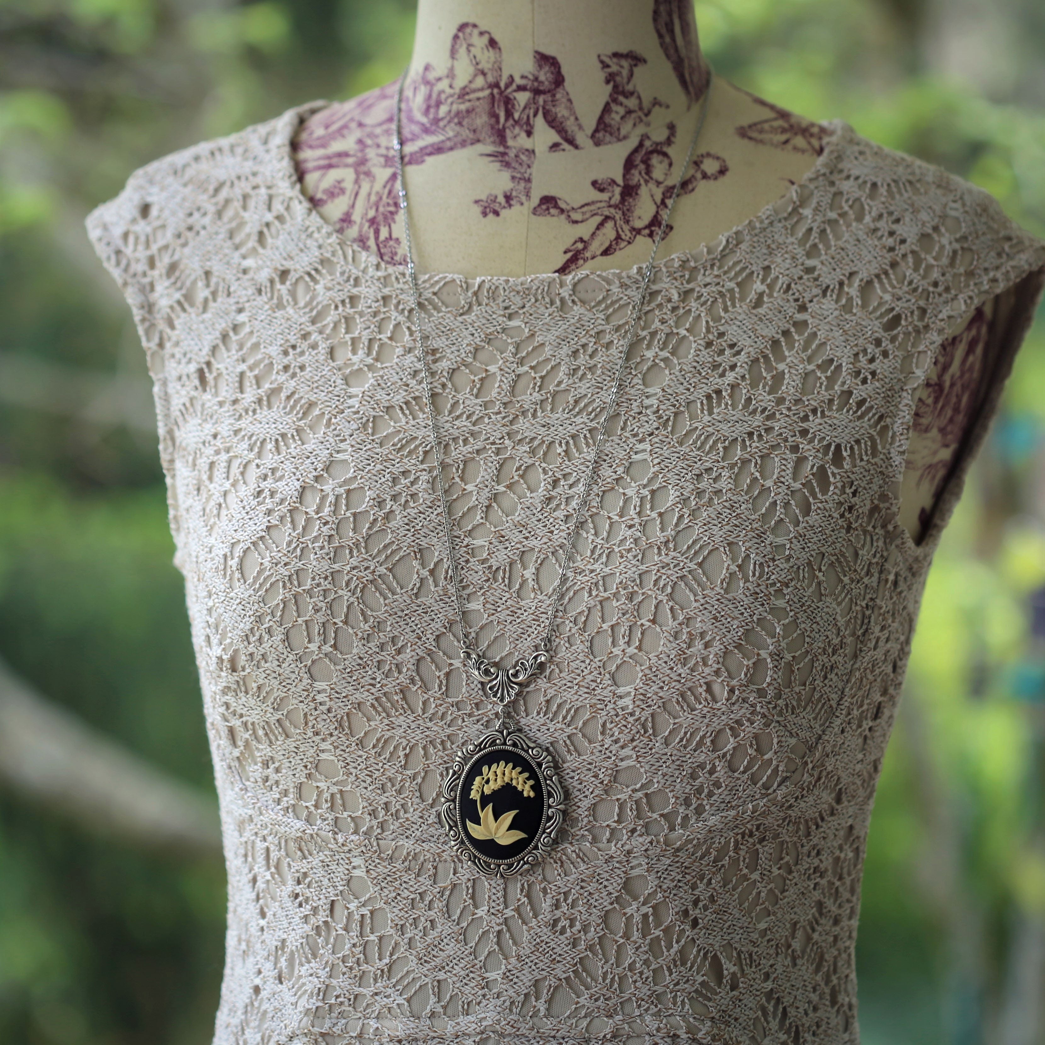 Lily of the Valley Cameo Necklaces in Vintage Style - Choose Antiqued Silver or Brass