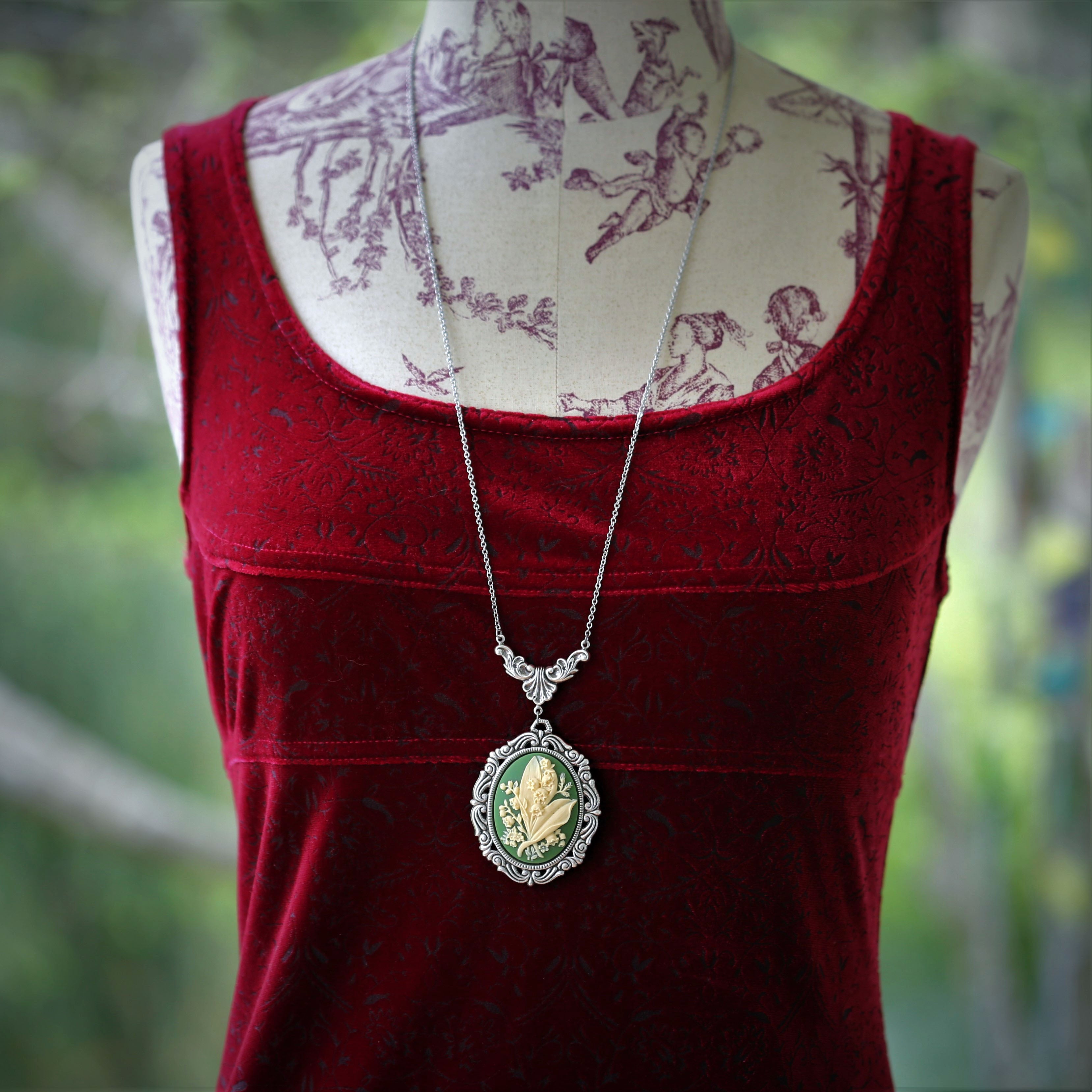 Lily of the Valley Cameo Necklaces in Vintage Style - Choose Antiqued Silver or Brass