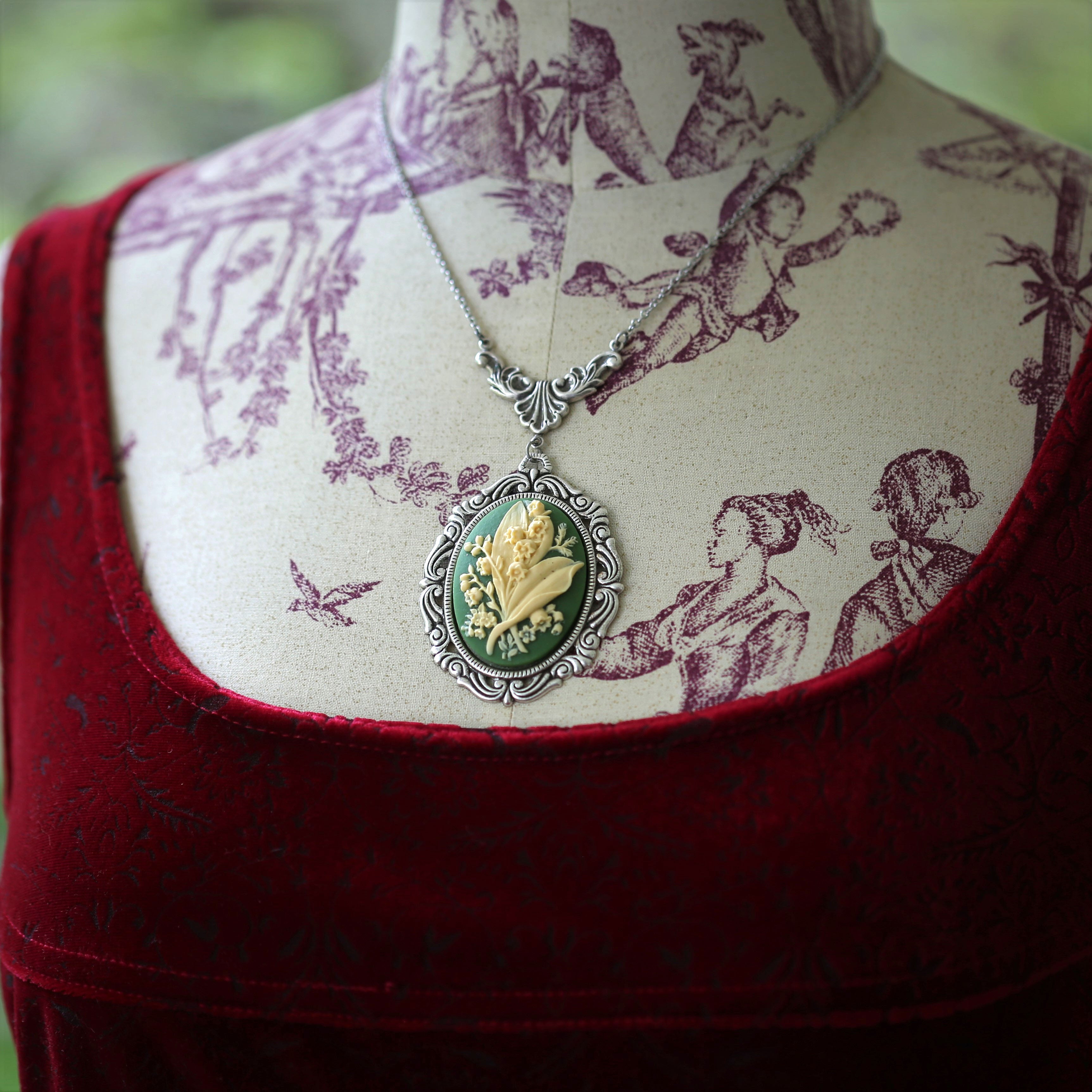 Lily of the Valley Cameo Necklaces in Vintage Style - Choose Antiqued Silver or Brass