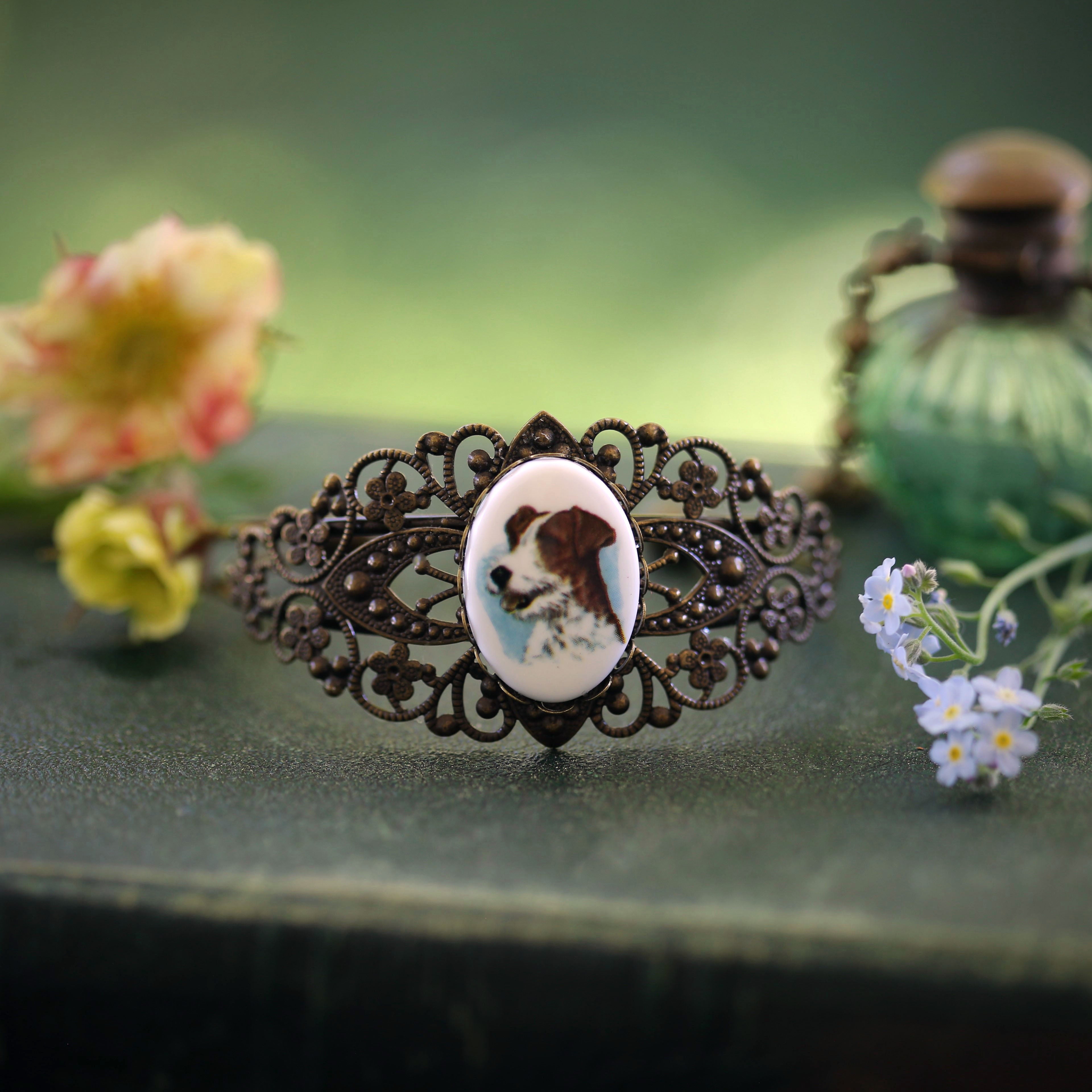 Vintage Canine Cameo Cuff Bracelet