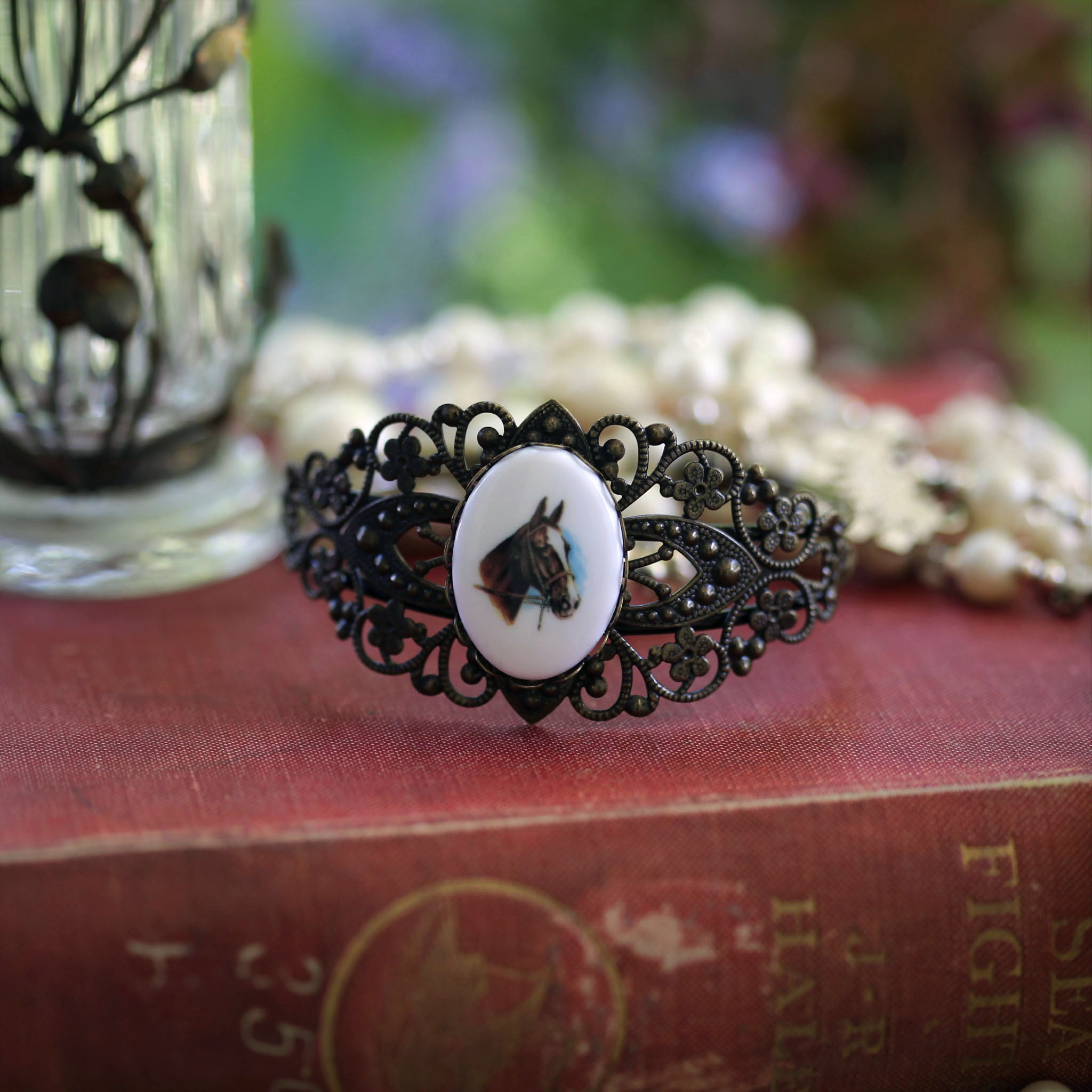 Vintage Horse Cameo Cuff Bracelet