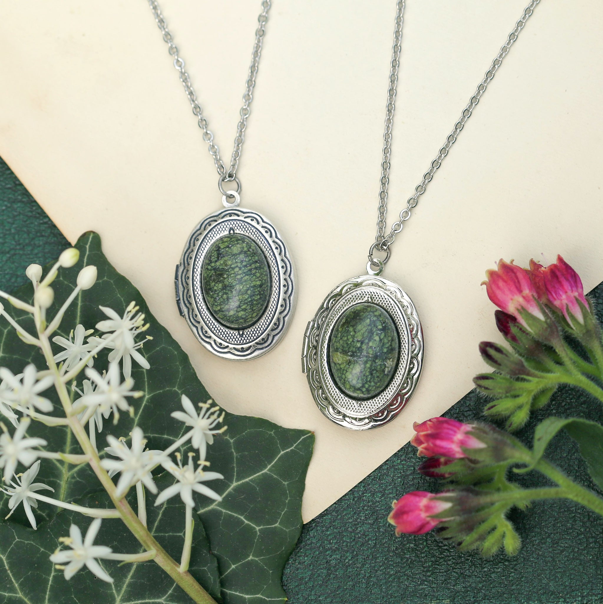 Vintage Locket in Aventurine, Tree Agate, Unakite, or Serpentine