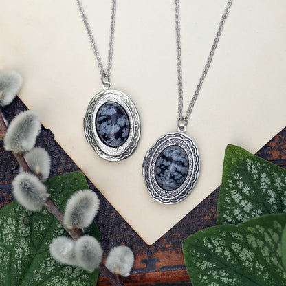 Stone Oval Locket in Onyx, Snowflake Obsidian or White Howlite