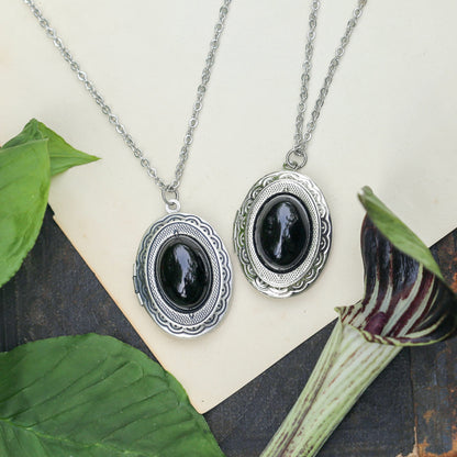 Stone Oval Locket in Onyx, Snowflake Obsidian or White Howlite