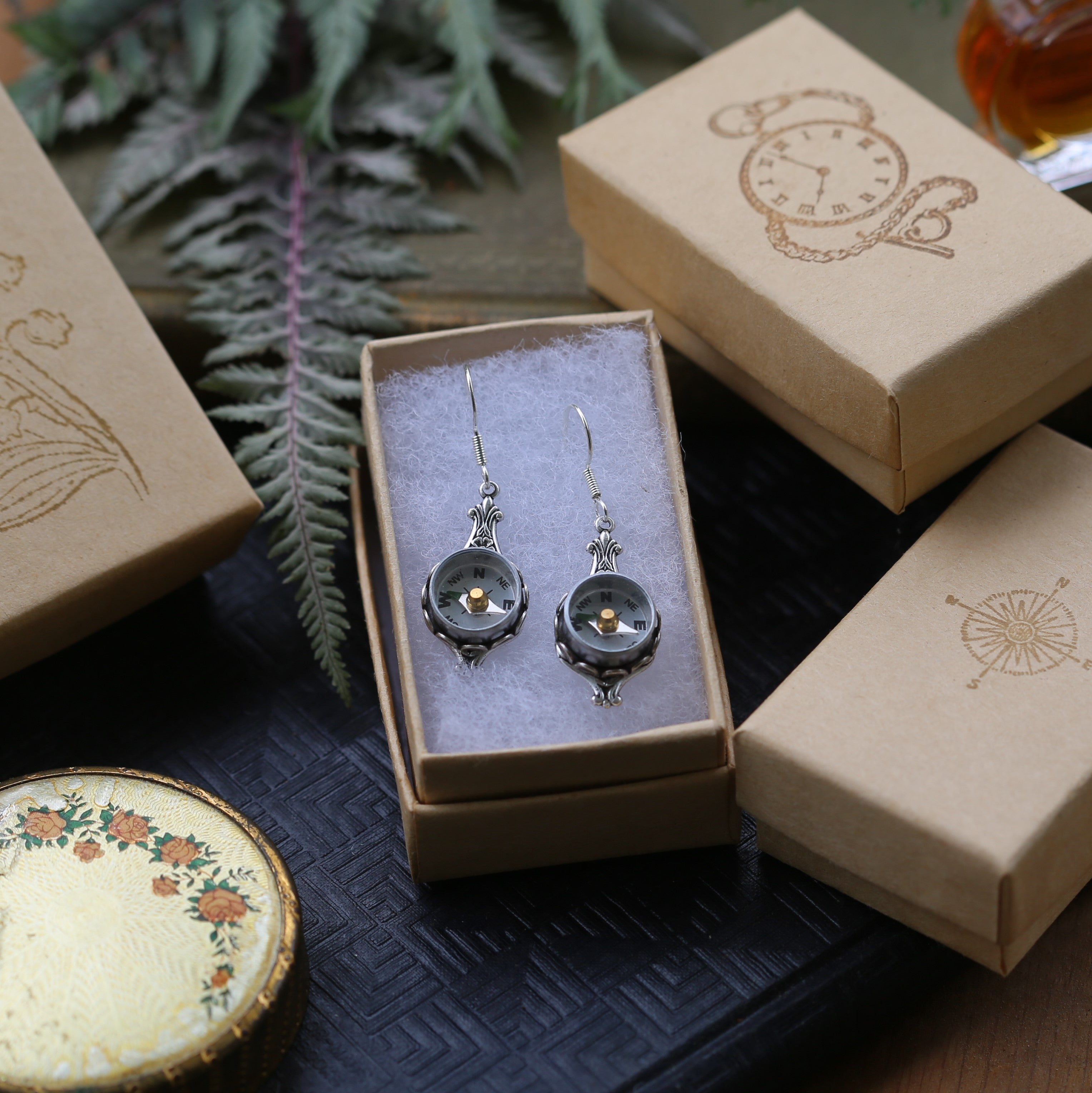 Small Working Compass Earrings in Antiqued Silver - Three Styles