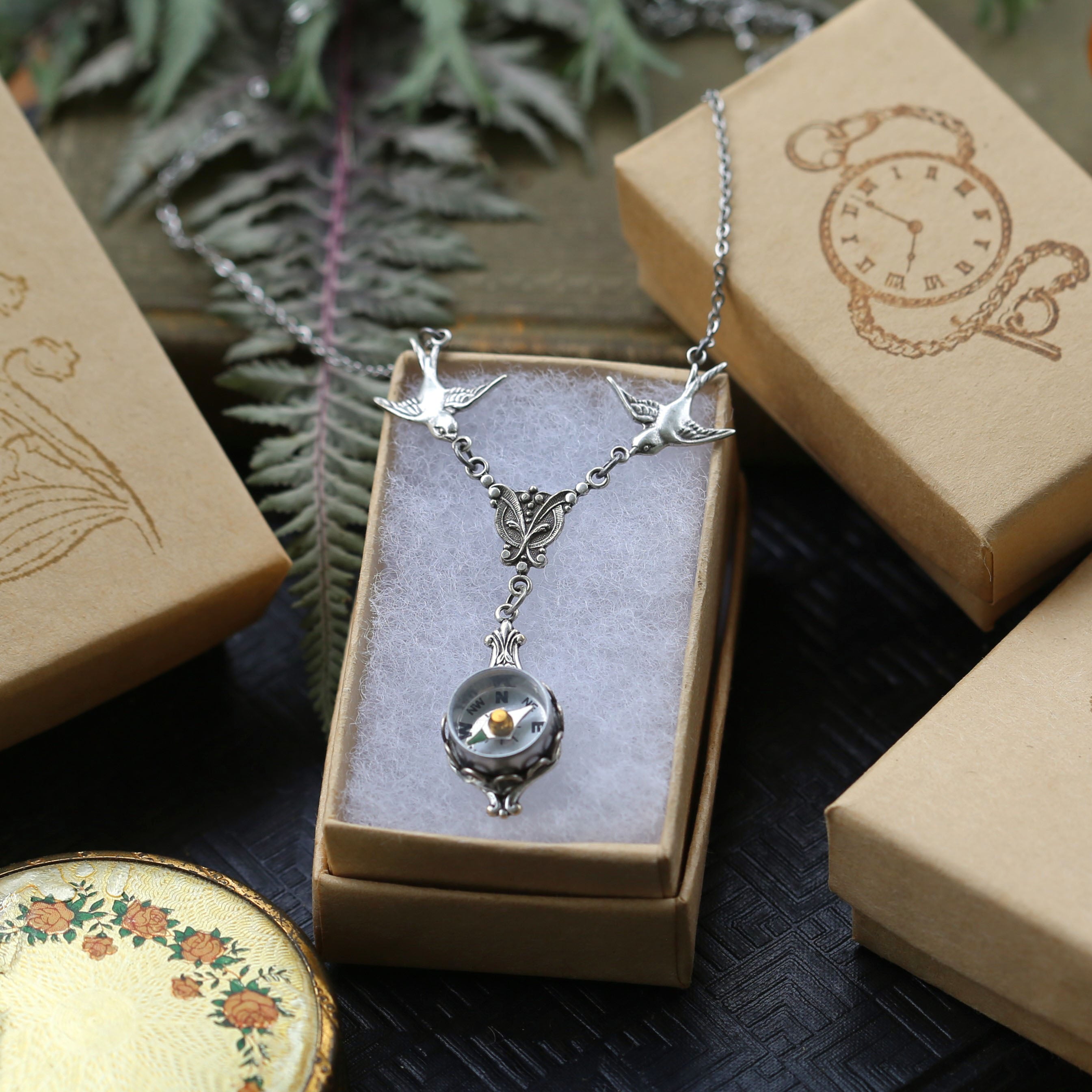 Small Silver Filigree Compass Necklace