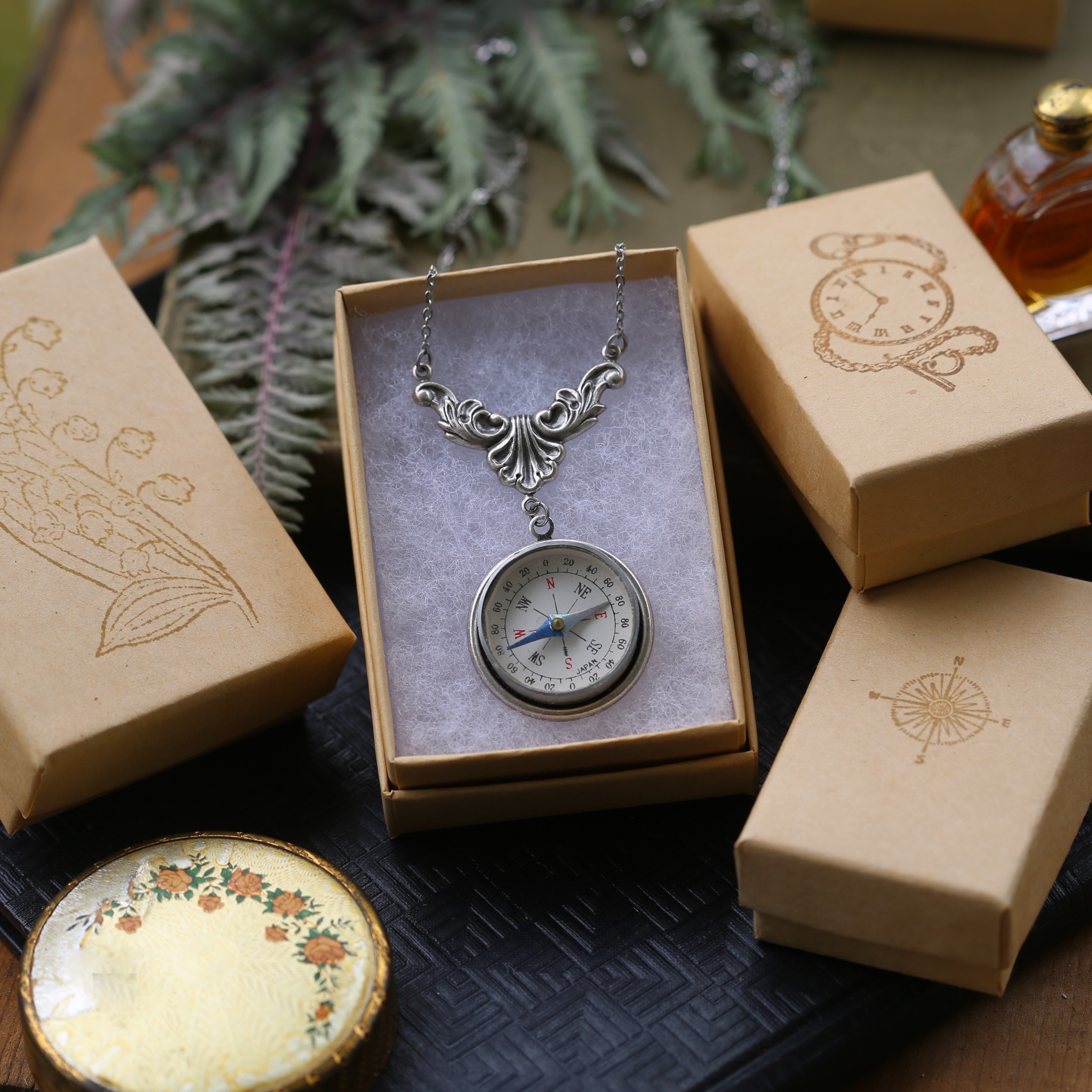 Vintage Silver Compass Necklace - Choose a Style: Simple, Bird, Wings or Filigree