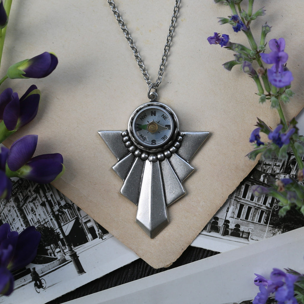 Art Deco Compass Necklace in Antiqued Silver