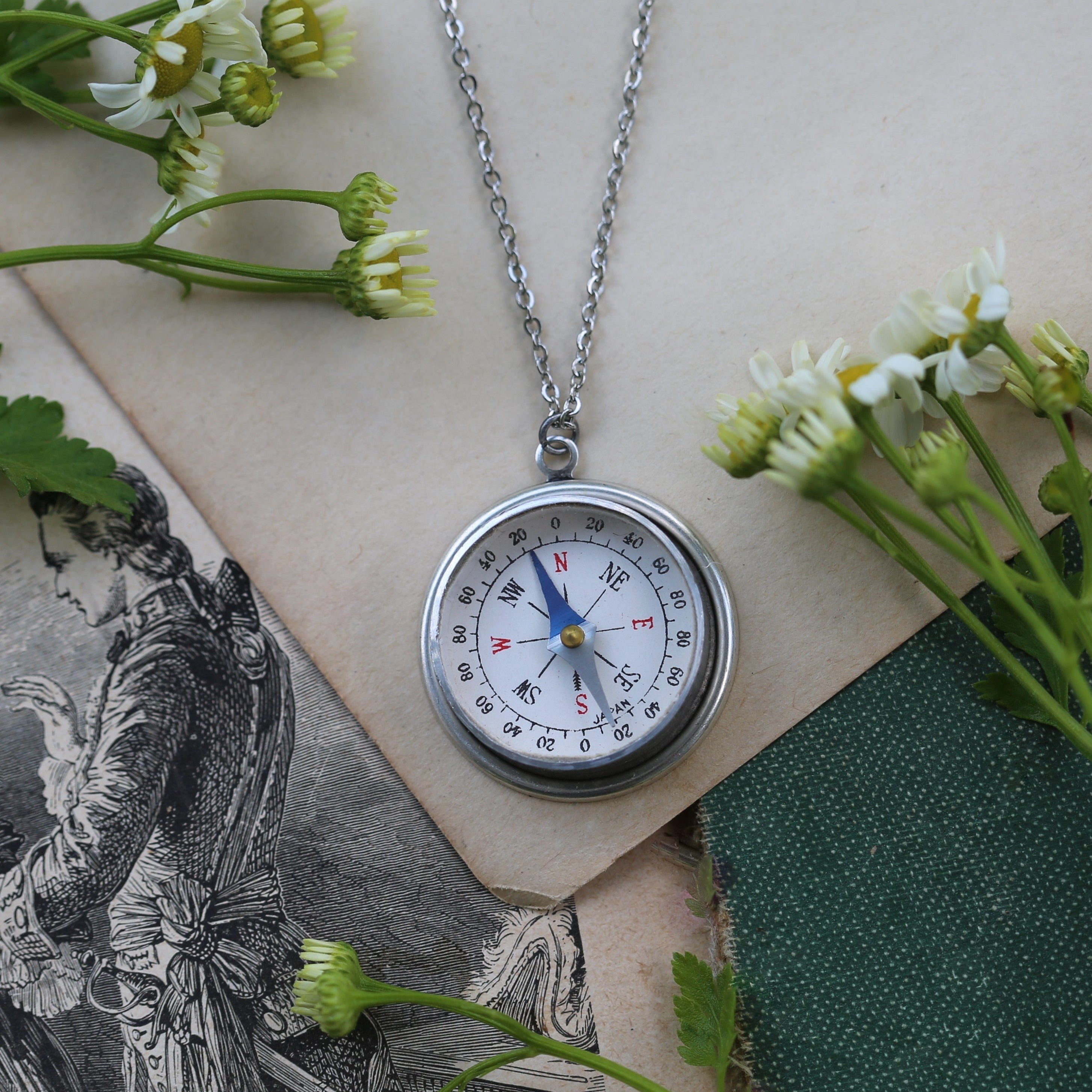 Vintage Silver Compass Necklace