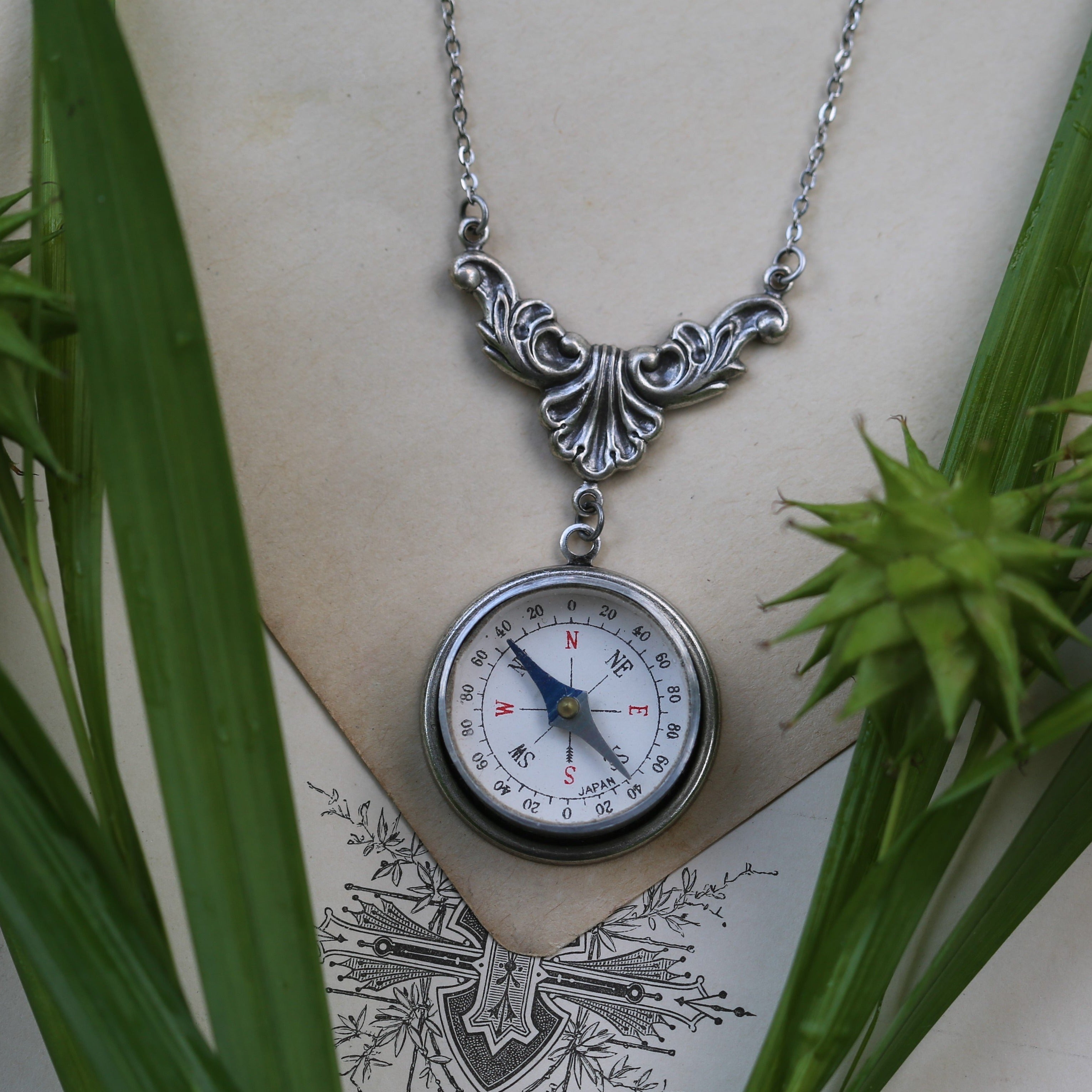 Vintage Silver Compass Necklace