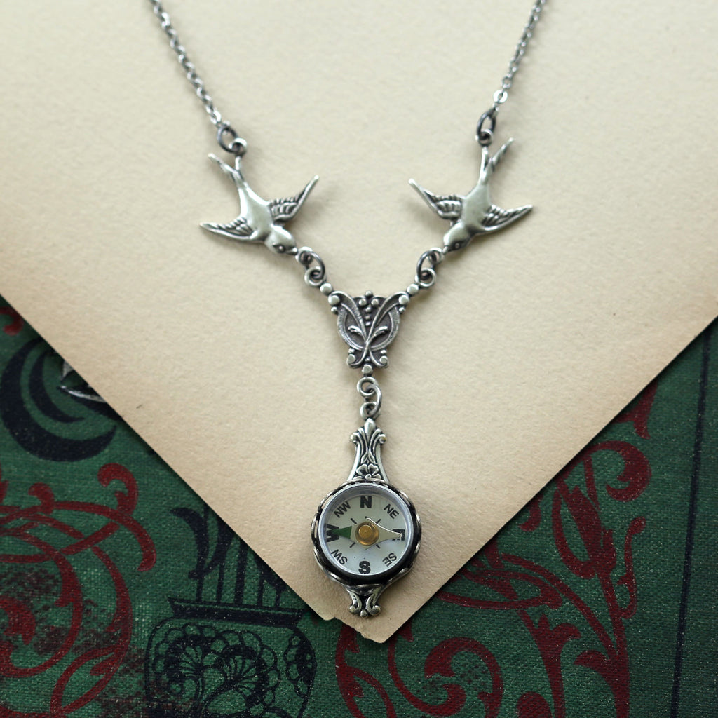 Small Silver Filigree Compass Necklace:  Choose Dragonflies or Birds