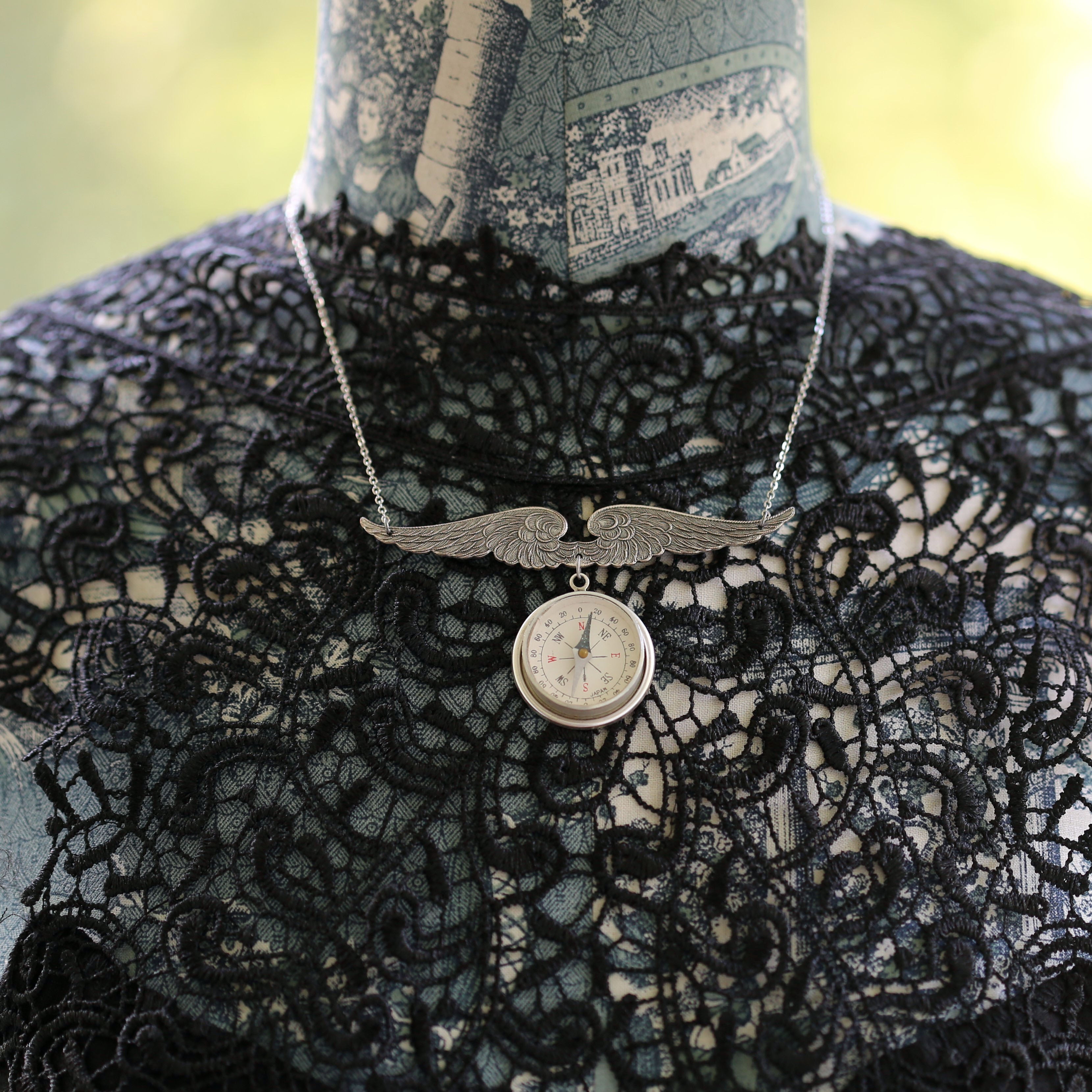 Vintage Silver Compass Necklace - Choose a Style: Simple, Bird, Wings or Filigree