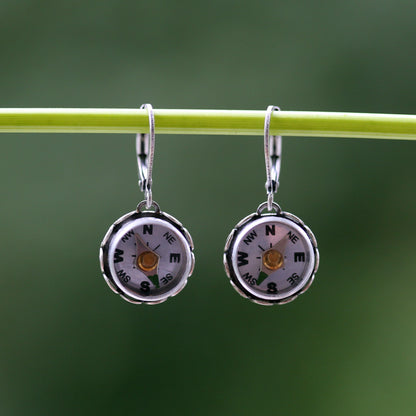 Small Working Compass Earrings in Antiqued Silver - Three Styles