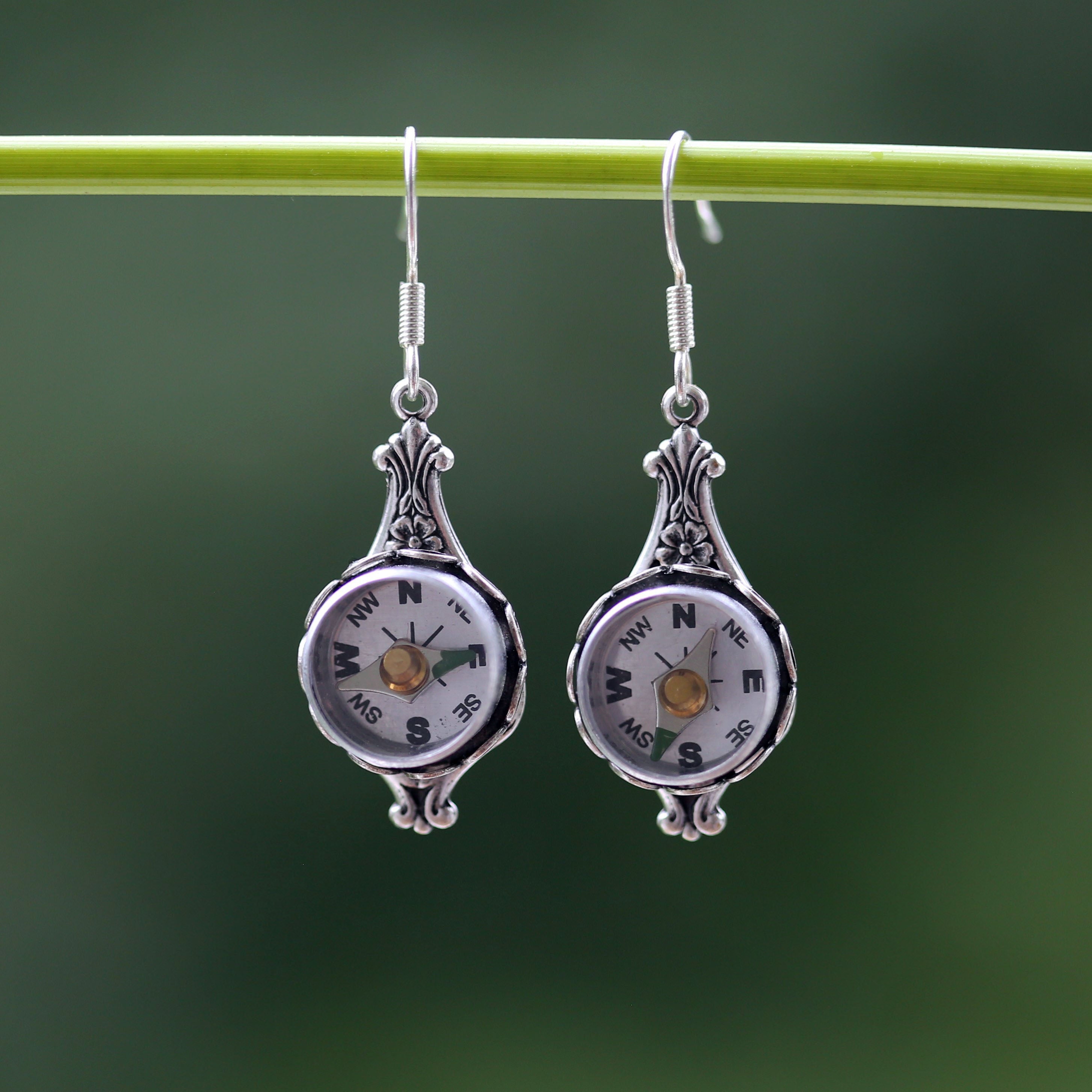 Small Working Compass Earrings in Antiqued Silver - Three Styles