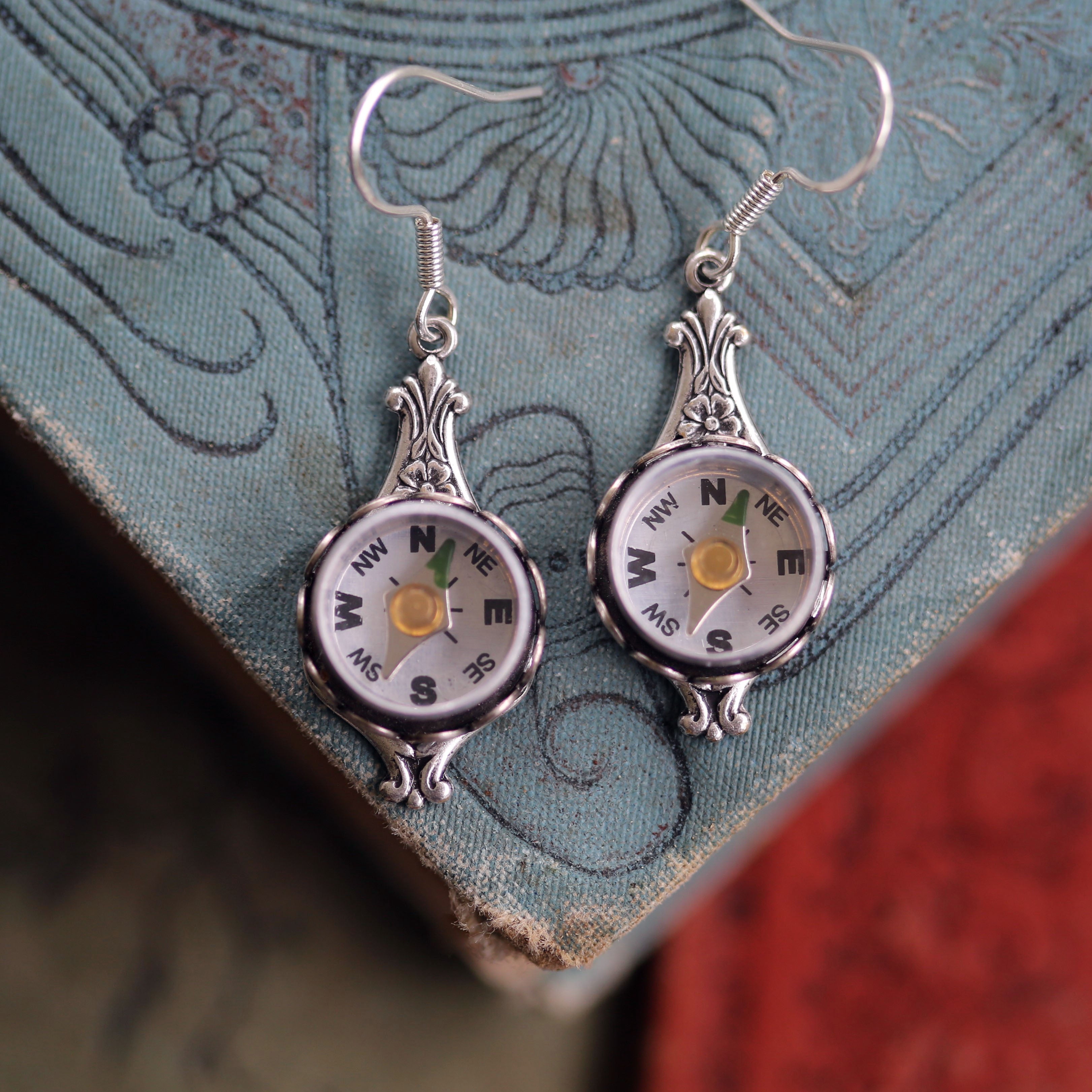 Small Working Compass Earrings in Antiqued Silver - Three Styles