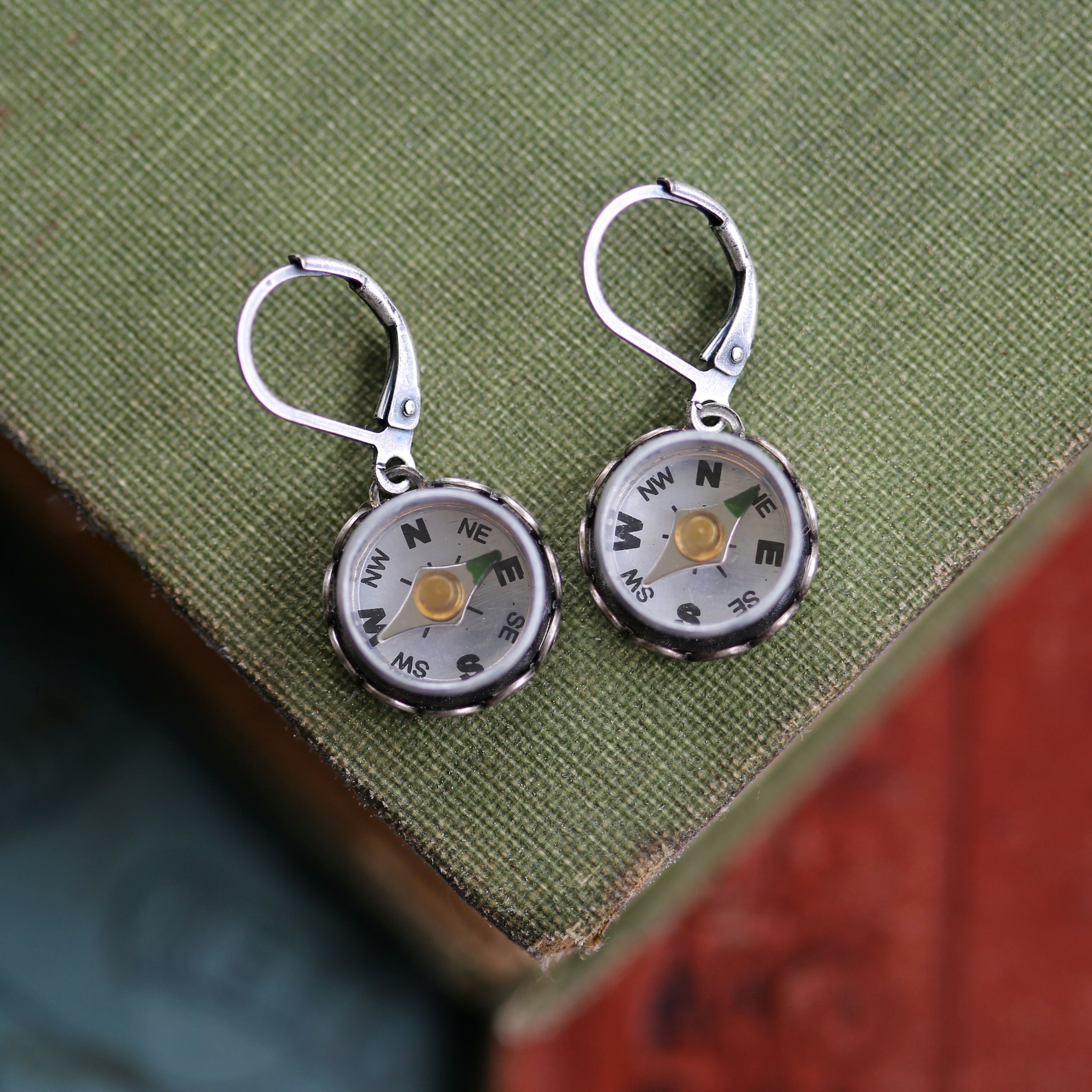 Small Working Compass Earrings in Antiqued Silver - Three Styles