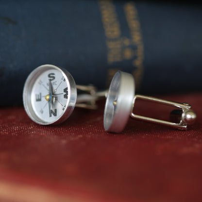 Compass Cuff Links in Antique Silver - Working Antiqued Vintage Style Compass