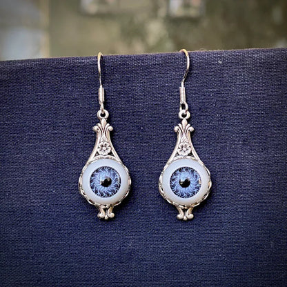 Antiqued silver vintage style retro blue evil eye dangle drop earrings