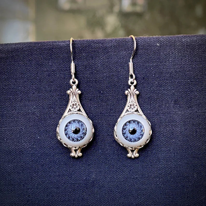 Antiqued silver vintage style retro blue evil eye dangle drop earrings