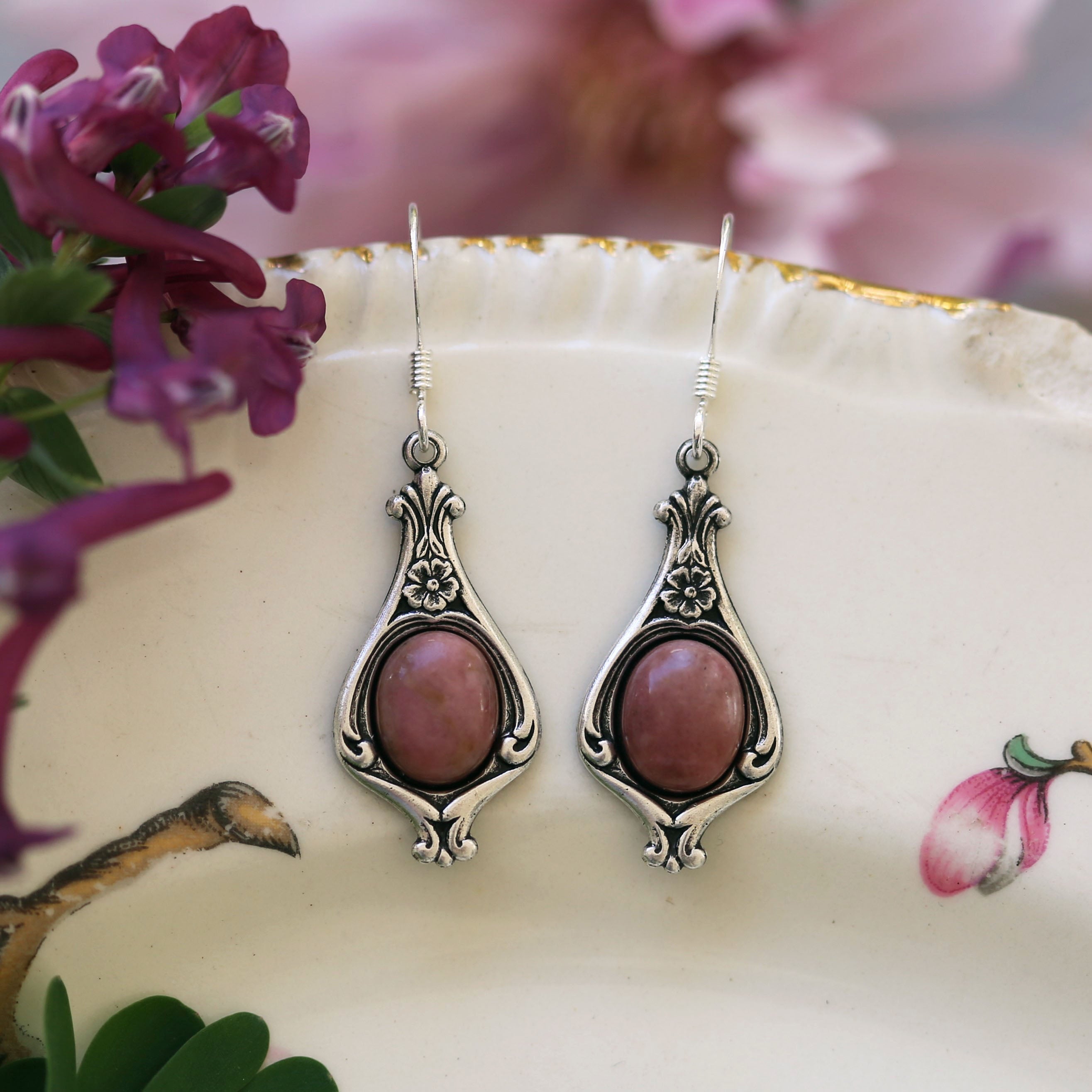 antiqued silver vintage style coquette pink rhodonite semi precious stone drop earrings