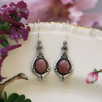 antiqued silver vintage style coquette pink rhodonite semi precious stone drop earrings