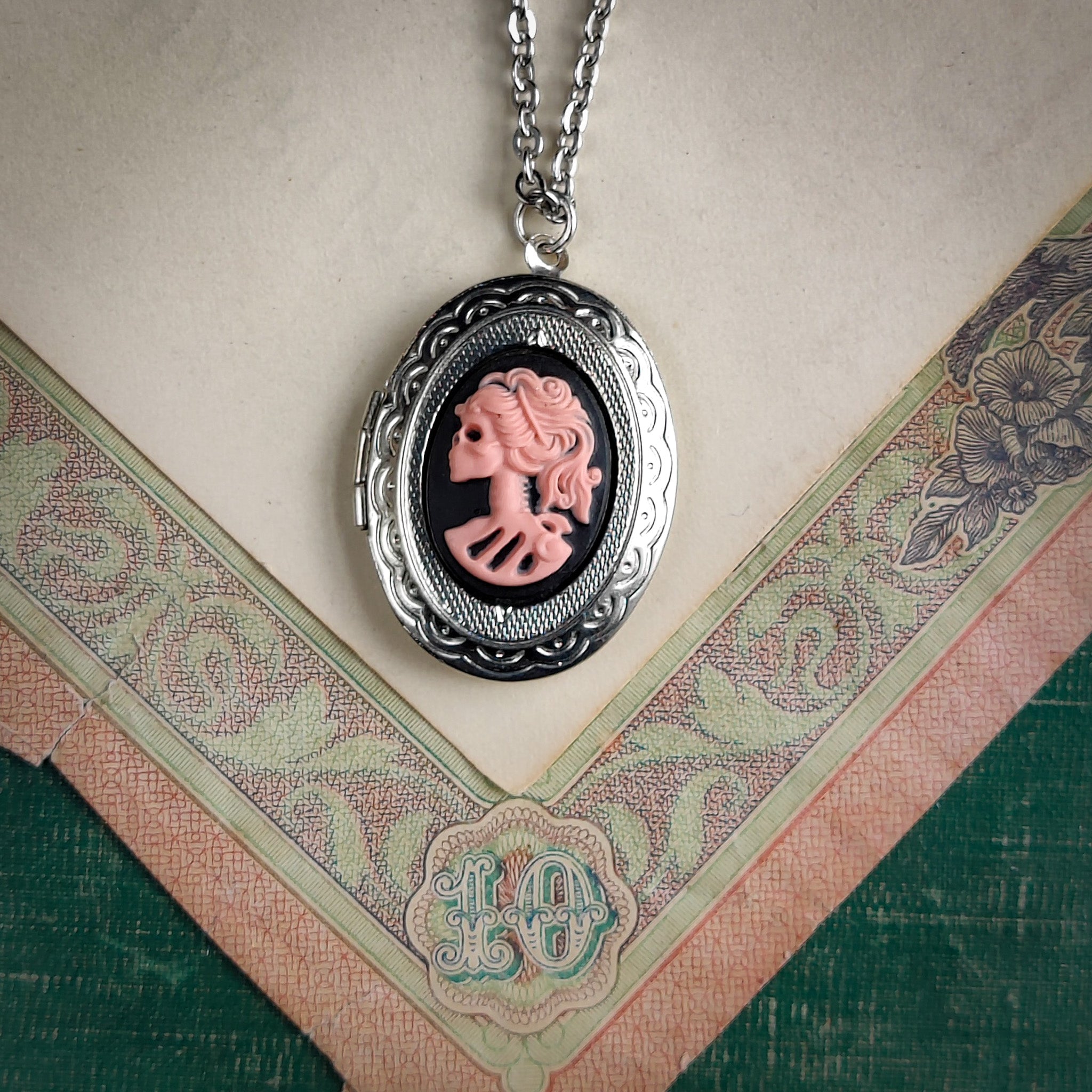 Skeleton Lady Cameo Oval Vintage Style Locket