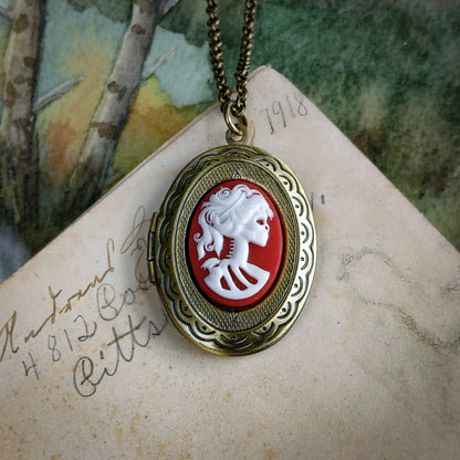 Skeleton Lady Cameo Oval Vintage Style Locket