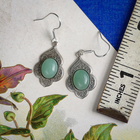 Victorian Garden Antiqued Silver or Brass Earrings with Aventurine Stone