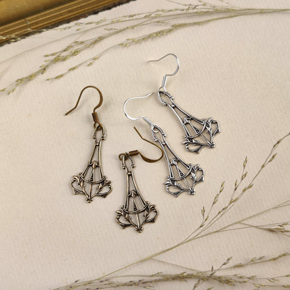 Victorian Thor Hammer Filigree Earrings in Brass or Antiqued Silver