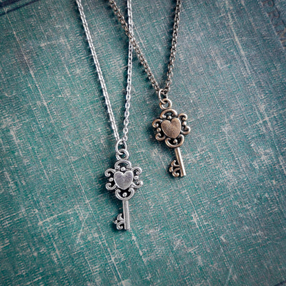 Key To My Heart Necklace or Earrings in Antiqued Silver or Brass