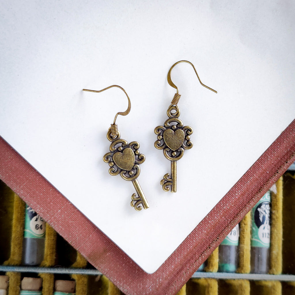 Key to My Heart Earrings in Antiqued Brass or Silver