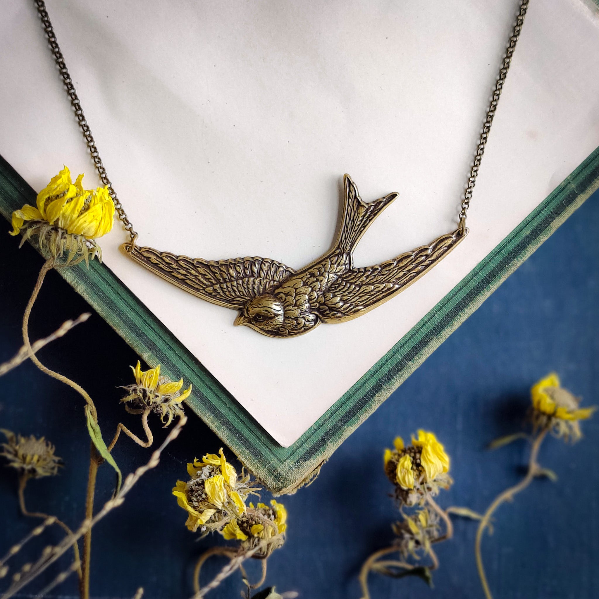 Sparrow Necklace in Antiqued Brass or Silver