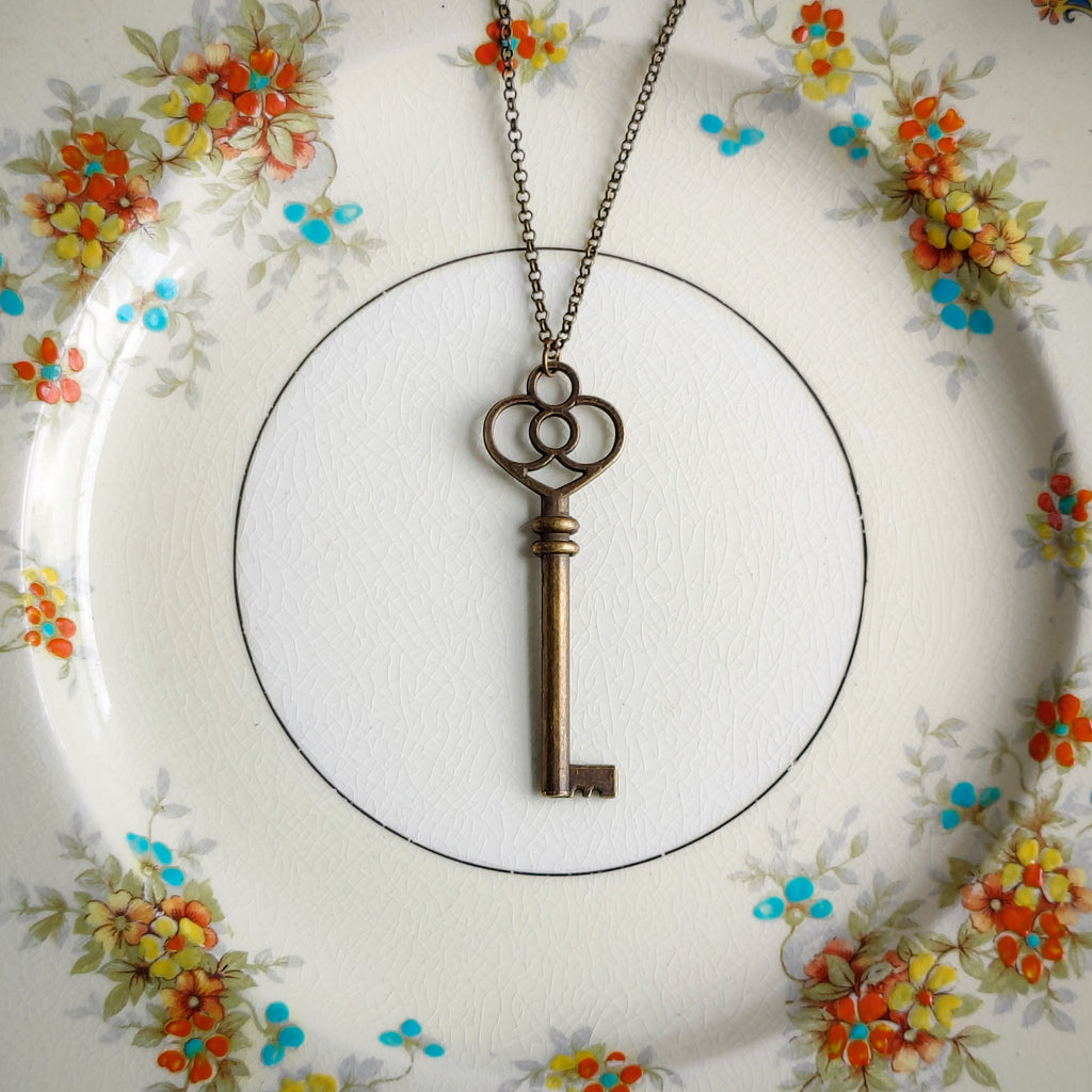 Eternal Love Skeleton Key Necklace in Antiqued Brass or Silver