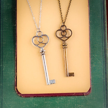 Eternal Love Skeleton Key Necklace in Antiqued Brass or Silver