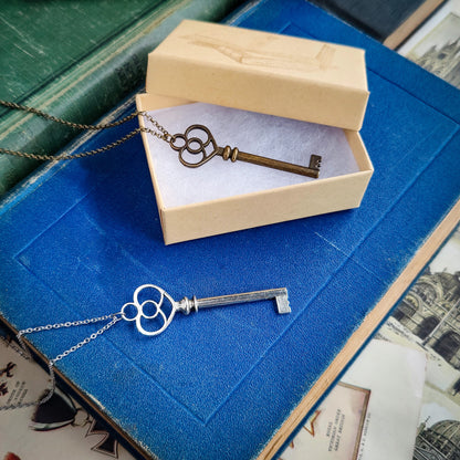 Eternal Love Skeleton Key Necklace in Antiqued Brass or Silver