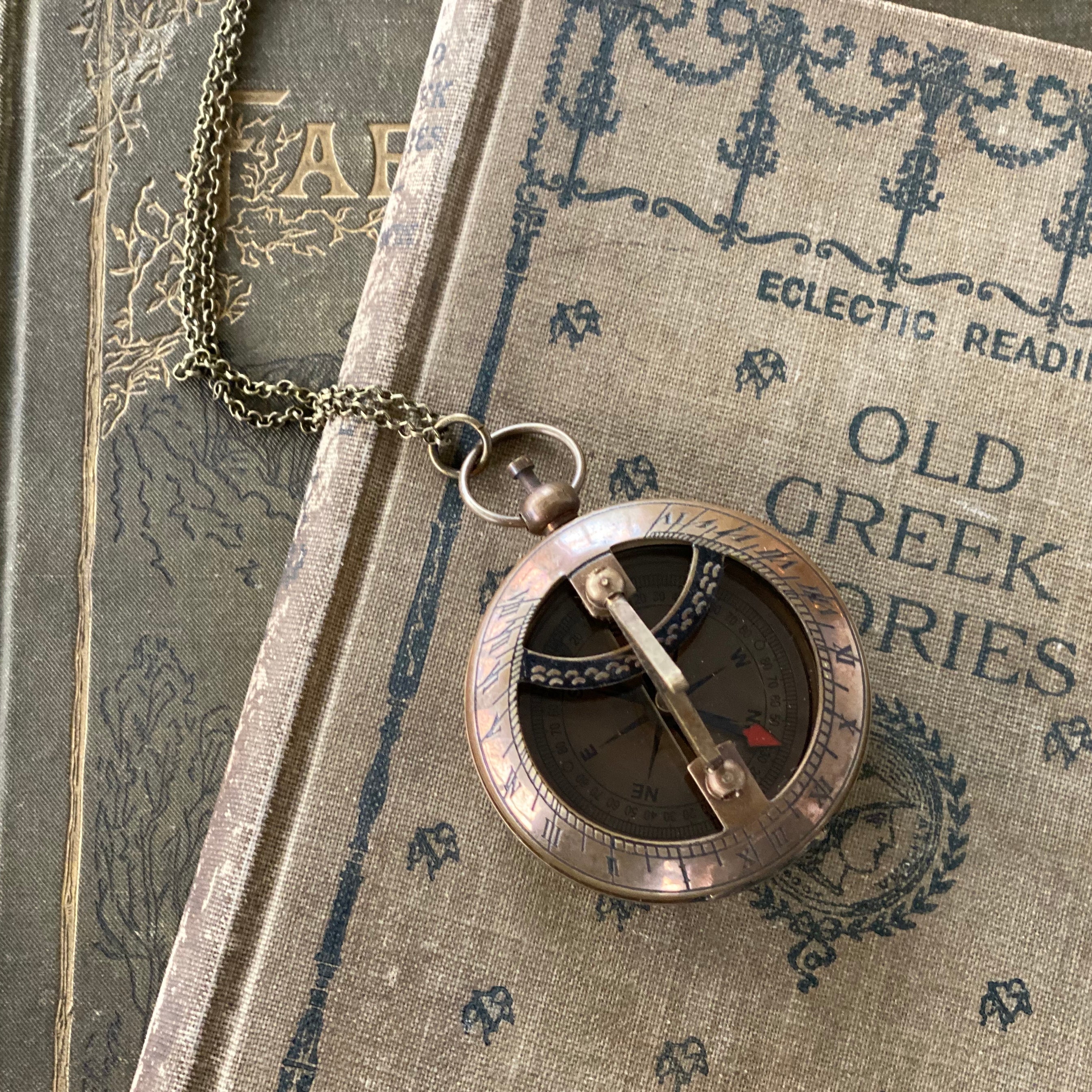 Sundial and Compass on Necklace or Pocket Chain