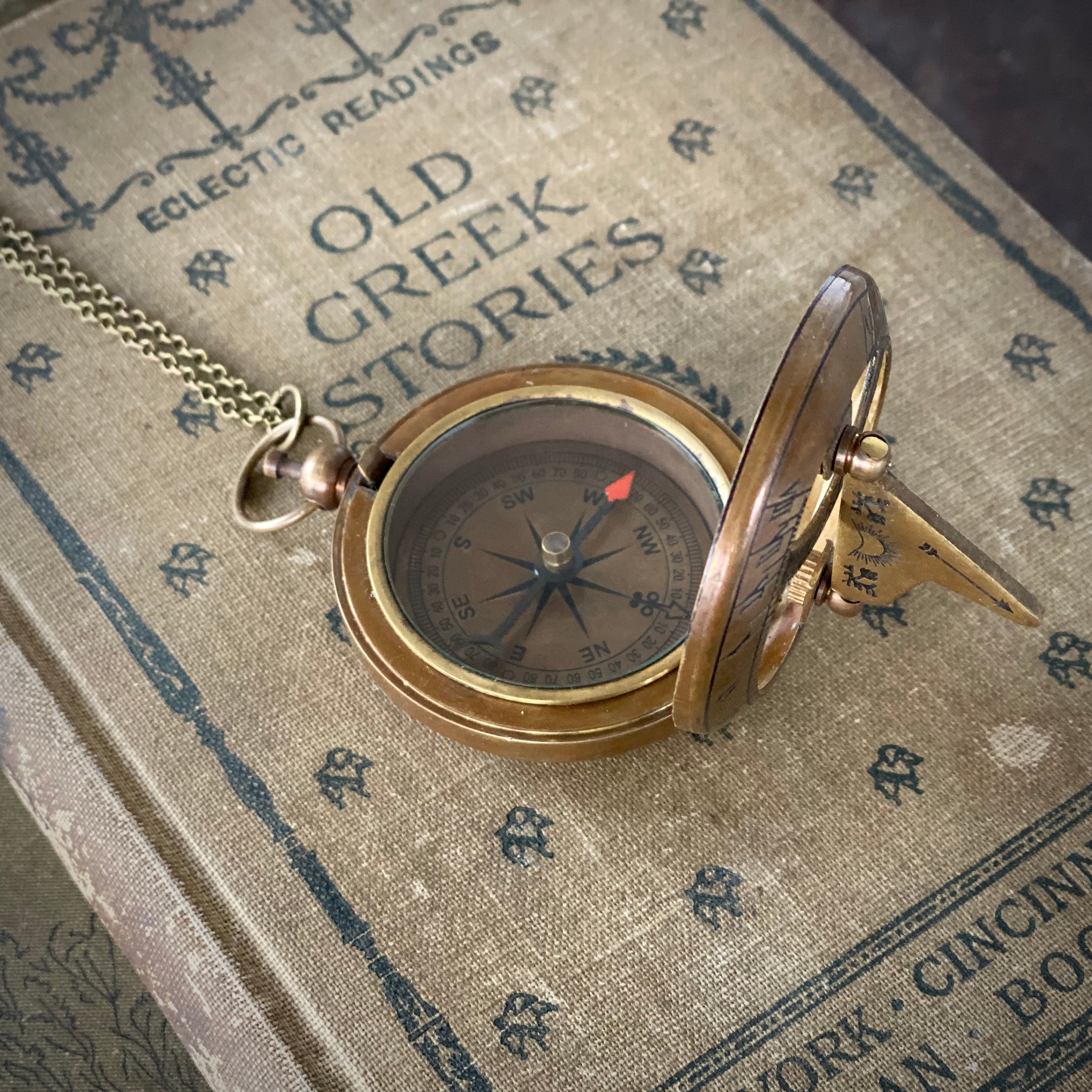 Sundial and Compass on Necklace or Pocket Chain