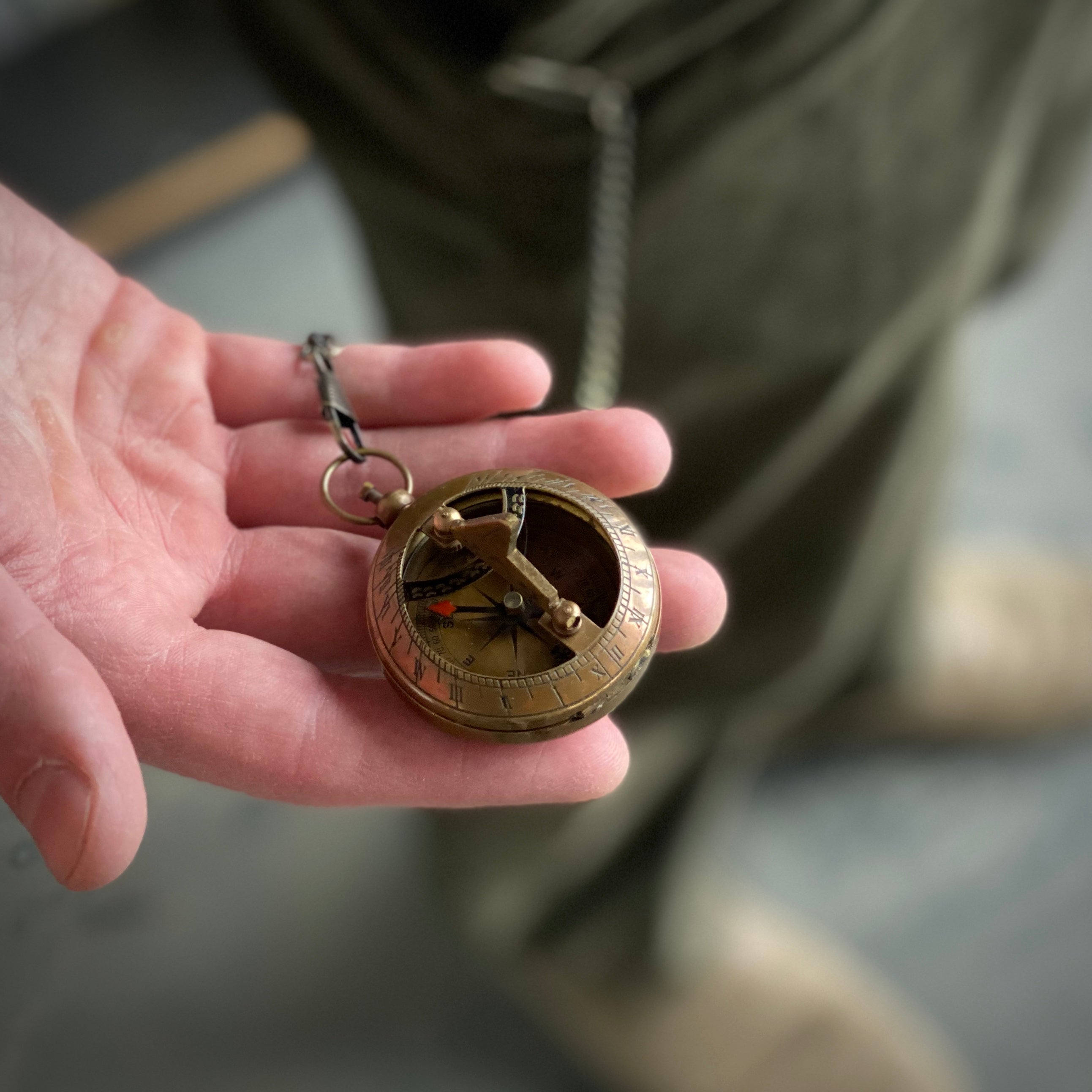 Sundial and Compass on Necklace or Pocket Chain