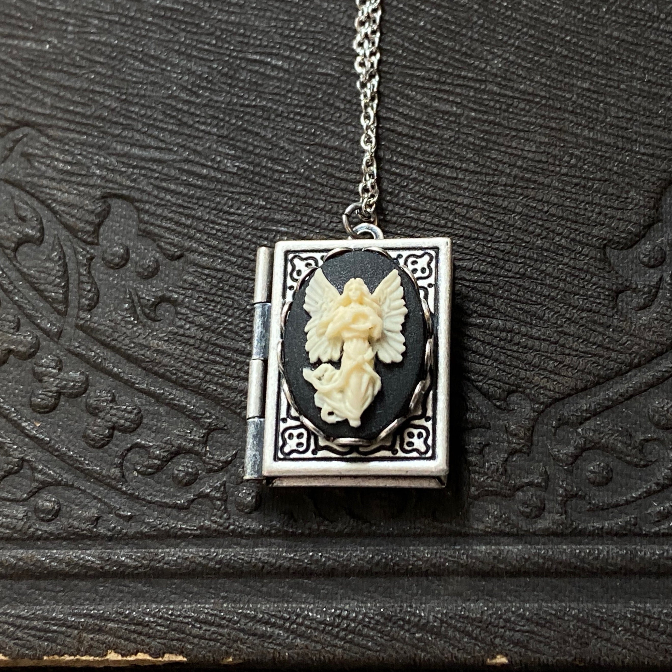 Cameo Book Locket in Antique Silver