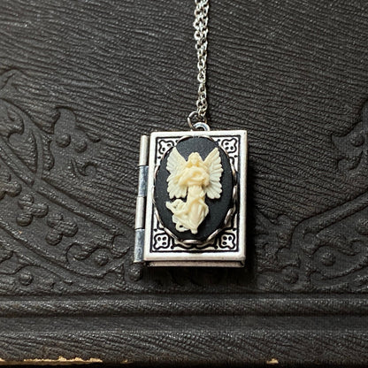 Cameo Book Locket in Antique Silver